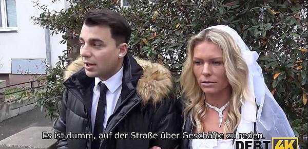trendsDEBT4k. Schuldeneintreiber fickt die Braut im weißen Kleid und in Strümpfen